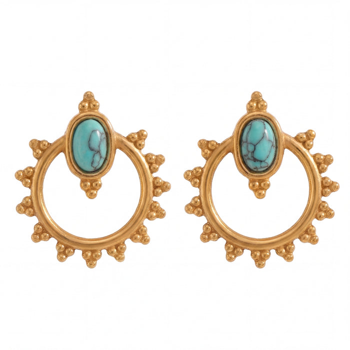 Gouden statement oorbellen met turquoise Steen – Boho vintage hoop oorbellen